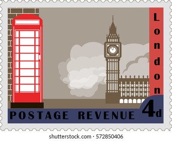 Postage stamp. Simple flat-style illustration of London city in UK and its landmarks. 