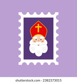 Postage stamp with Sinterklaas face. Dutch or Belgium winter holiday symbol. Saint Nicholas Day theme. Vector isolated illustration.