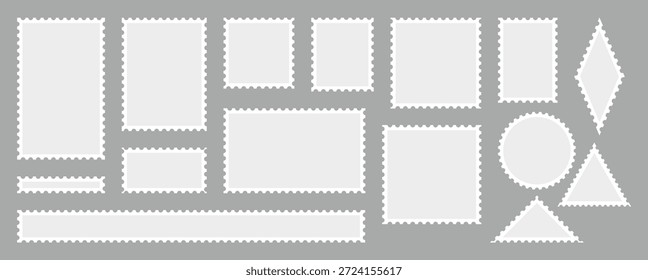 Postage stamp size set. Various sizes and shapes, including square, rectangle, circle, and triangle, for mail and postal vector illustration