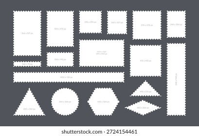Postage stamp size variations set. Various sizes and shapes, including square, rectangle, circle, and triangle, for mail and postal design. Vector illustration