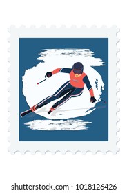 Postage stamp - Skier on snow field in grunge style - isolated on white background - vector art illustration. Sports Collection