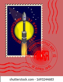 Postage stamp with a space rocket and the inscription Cosmonautics Day April 12, 1961. Round red seal 60. EPS10