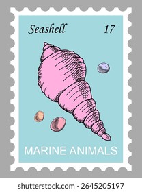 Postage stamp with spire shell and pebbles. Pink marine seashell on sky blue background. Hand drawn vector. Cartoon. Sketch style.