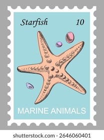 Postage stamp with starfish and pebbles. Beige marine animal on sky blue background. Hand drawn vector. Cartoon. Sketch style.