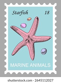 Postage stamp with starfish and pebbles. Pink marine animal on sky blue background. Hand drawn vector. Cartoon. Sketch style.