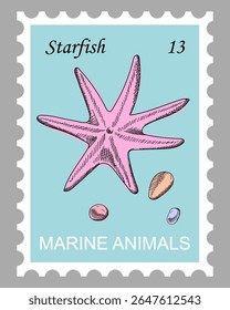 Postage stamp with starfish and pebbles. Pink marine ​​animal with seven arms on sky blue background. Hand drawn vector. Cartoon. Sketch style.