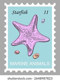 Postage stamp with starfish and pebbles. Pink starfish on sky blue background.  Marine hand drawn vector. Cartoon. Sketch style.