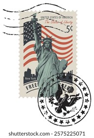 Postage stamp with the Statue of Liberty against the background of the American flag and New York skyscrapers and the inscription "United States of America". Vector illustration of a 5-cent stamp