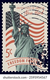 Postage stamp with the Statue of Liberty against the background of the American flag and New York skyscrapers and the inscription "United States of America". Vector illustration of a 5-cent stamp