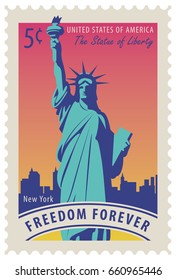 Postage stamp with statue of Liberty in background of New York skyscrapers and the word freedom forever. Vector illustration of a 5-cent USA stamp.