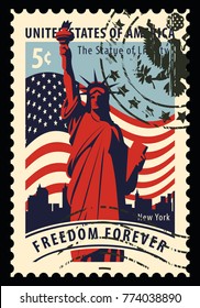 Postage stamp with statue of Liberty in background of american flag and New York skyscrapers. Vector illustration of a 5-cent USA stamp with a rubber stamp and words freedom forever.