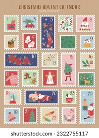 Postage stamp style advent calendar illustration