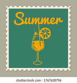 Postage stamp summer vacation Cocktail Glass. Retro vintage design vector illustration isolated