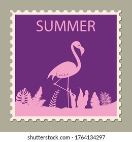 Postage stamp summer vacation Flamingo. Retro vintage design vector illustration isolated