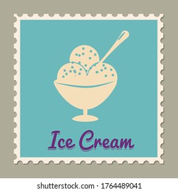 Postage stamp summer vacation Ice Cream. Retro vintage design vector illustration isolated