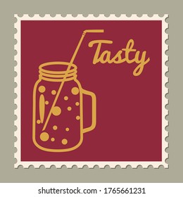 Postage stamp summer vacation Jar with drink. Retro vintage design vector illustration isolated