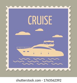 Postage stamp summer vacation Speed yacht. Retro vintage design vector illustration isolated