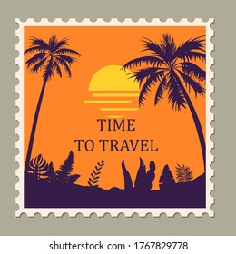 Postage stamp summer vacation Time To Travel. Retro vintage design vector illustration isolated