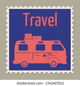 Postage stamp summer vacation Van bus. Retro vintage design vector illustration isolated