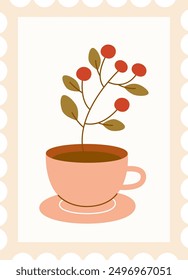 Postage Stamp With Tea Mug And Berries Vector Illustration