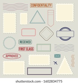 Postage stamp template set - isolated vintage blank sticker collection for letter mail or scrapbooking. Postcard air travel borders on light background - vector illustration