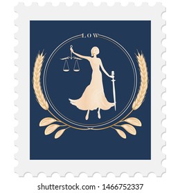 Postage stamp - Themis goddess with sword and scales of justice in frame of wheat ear - isolated on white background - vector.