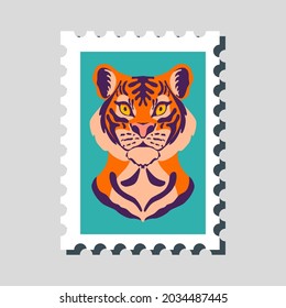 
Postage Stamp Tiger. Hand drawn Vector illustration in trendy  colors. Great for posters, calendars, T-shirts, postcards. Symbol of 2022 on the Eastern calendar