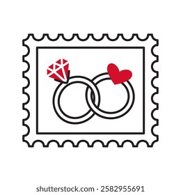 Postage stamp with Two connected rings doodle style. Hand drawn trendy flat style love isolated icon. Romantic symbol of love for graphic design poster tattoo Valentines card line art illustration