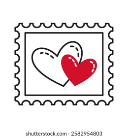 Postage stamp with Two hearts doodle style. Hand drawn trendy flat style love isolated icon. Romantic symbol of love for web graphic design poster tattoo Valentines card line art Vector illustration