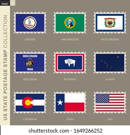 Postage stamp with USA States flag, collection of 9 US states flag: Virginia, Washington, West Virginia, Wisconsin, Wyoming, Alaska, Colorado, Texas, USA