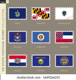 Postage stamp with USA States flag, collection of 9 US states flag: Maine, Maryland, Massachusetts, Michigan, Minnesota, Mississippi, Missouri, Montana, Nebraska