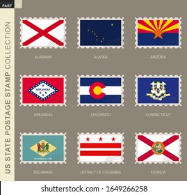 Postage stamp with USA States flag, collection of 9 US states flag: Alabama, Alaska, Arizona, Arkansas, Colorado, Connecticut, Delaware, District of Columbia, Florida