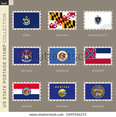 Postage stamp with USA States flag, collection of 9 US states flag: Maine, Maryland, Massachusetts, Michigan, Minnesota, Mississippi, Missouri, Montana, Nebraska
