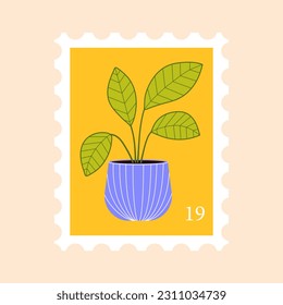 Postage stamp vector flat illustration. Post mark with houseplant.