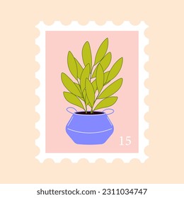 Postage stamp vector flat illustration. Post mark with houseplant.