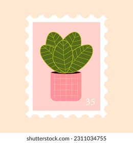 Postage stamp vector flat illustration. Post mark with houseplant.
