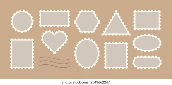 Briefmarken-Vektorrahmen-Set. Rahmen für Postform-Shapes. Vintage Dreieck, Rechteck, Oval, Kreis, Herz-Poststempel leere Vorlage für Brief, Postkarte, Web-Design.