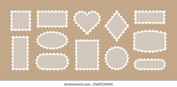 Postage Stamp Vector Frames Set. Postal Shapes Border. Vintage Rectangle,Oval, Circle, Heart , Rhomb Postmark Blank Template For Letter, Post Card, Web Design.