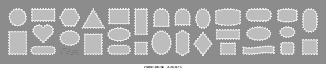 Postage Stamp Vector Frames Set. Postal Shapes Border. Vintage Post Stamp Triangle, Rectangle, Oval, Circle, Square, Heart, Ellipse, Arch. Postmark Blank Template For Letter, Post Card, Web Design.