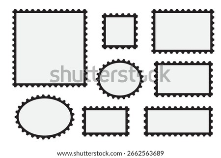 Postage stamp vector icons. .Mockup postage stamps. Blank postage stamp borders templates. Vintage postage stamp frame with square edges and postal design. 