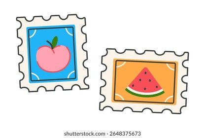 Postage stamp, vector illustration. Cute bright postmarks with peach and watermelon fruits. Paper marks with borders for envelopes, letters. Clipart for stickers, scrapbooking, print. Cartoon doodle