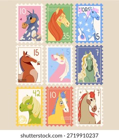 Ilustración vectorial de sello postal con una alegre mascota de caballo para celebrar el Año del Caballo 2026, con un diseño plano moderno y bordes perforados tradicionales.