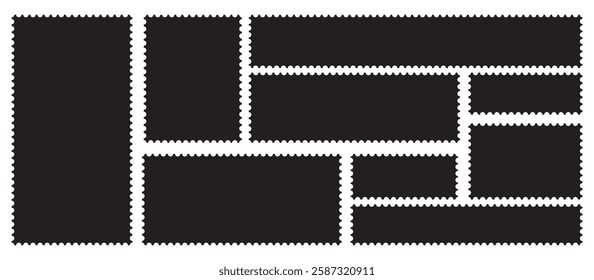 postage stamp vector on a background. postage stamp border set vectors, blank postage stamp in flat design. Vintage blank postage stamps. Collection perforated paper mark.