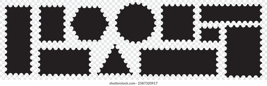 postage stamp vector on a background. postage stamp border set vectors, blank postage stamp in flat design. Vintage blank postage stamps. Collection perforated paper mark.