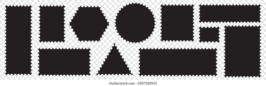 postage stamp vector on a background. postage stamp border set vectors, blank postage stamp in flat design. Vintage blank postage stamps. Collection perforated paper mark.