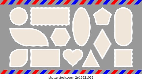 Postage stamp vector set. Postcard vintage seal, post letter, postcard sticker. Paper mail envelope, old travel mark. Square rectangular shape, vintage jagged. Perforated edges, air delivery border