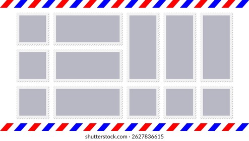 Postage stamp vector set. Postcard vintage seal, post letter, postcard sticker. Paper mail envelope, old travel mark. Square rectangular shape, vintage jagged. Perforated edges, air delivery border