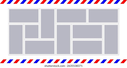 Postage stamp vector set. Postcard vintage seal, post letter, postcard sticker. Paper mail envelope, old travel mark. Square rectangular shape, vintage jagged. Perforated edges, air delivery border
