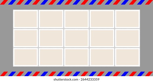 Postage stamp vector set. Postcard vintage seal, post letter, postcard sticker. Paper mail envelope, old travel mark. Square rectangular shape, vintage jagged. Perforated edges, air delivery border