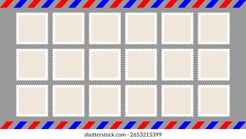 Postage stamp vector set. Postcard vintage seal, post letter, postcard sticker. Paper mail envelope, old travel mark. Square rectangular shape, vintage jagged. Perforated edges, air delivery border